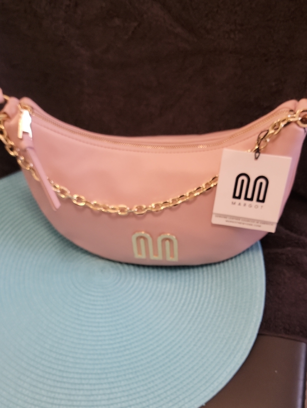 MARGOT Pink Chain-Accent Crescent Crossbody Bag